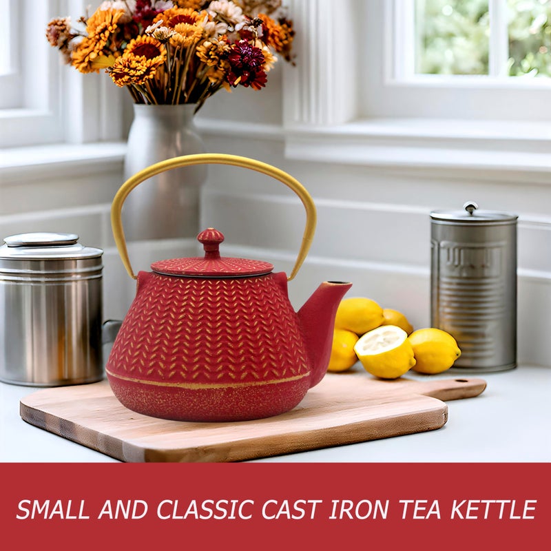 YJX Small Cast Iron Tea Kettle for Stovetop Safe, Red Tea Pot Coated with Enameled Interior, Durable Teapot with Stainless Steel Infuser for Loose Leaf (1000ml/34oz) - Image 3
